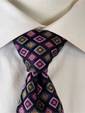 XMI Platinum Men's Necktie Black Tie with Purple, Gray & Gold Jacquard Silk USA